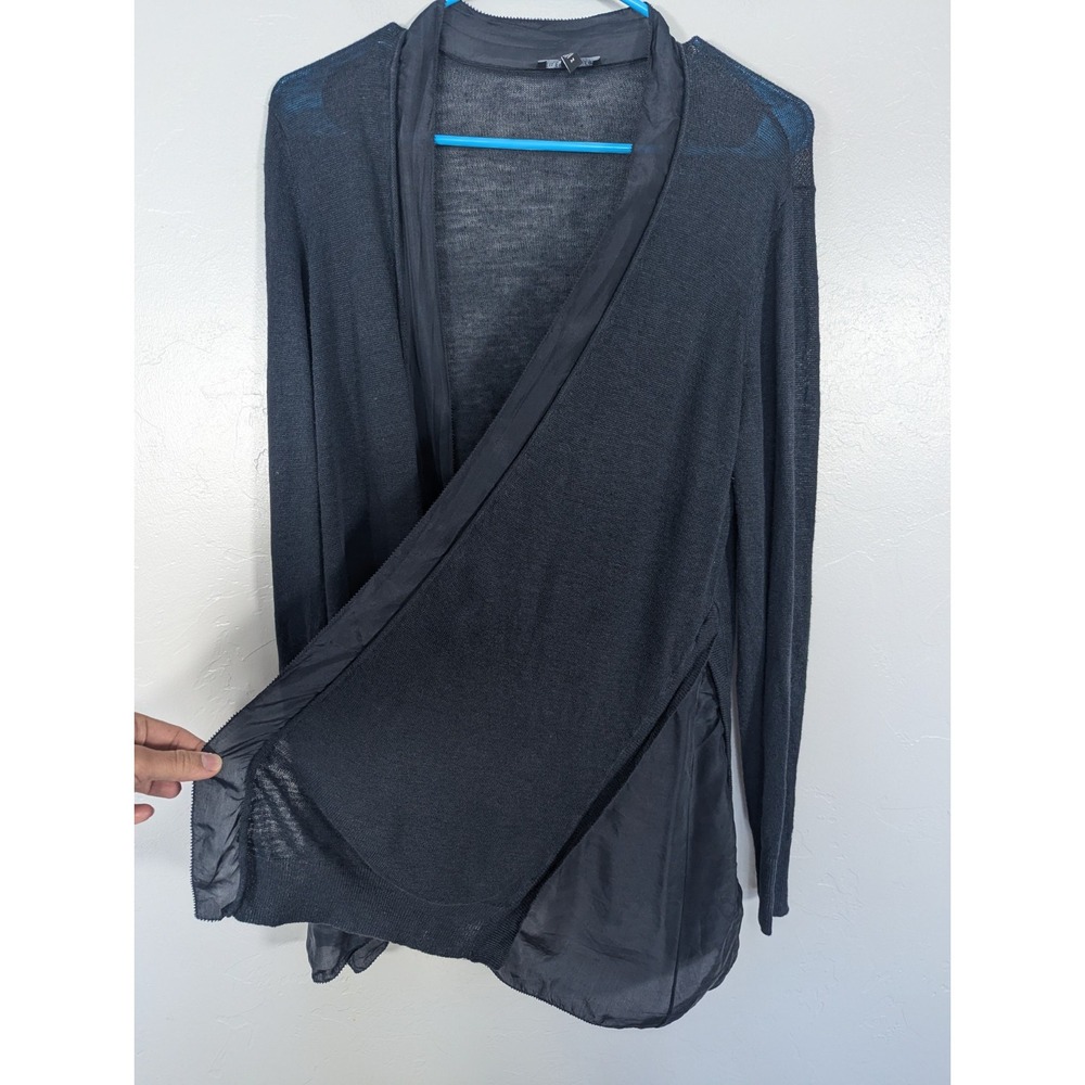 Eileen Fisher Linen Silk Blend Open Front Cardigan navy M Silk Trim - Picture 3 of 6